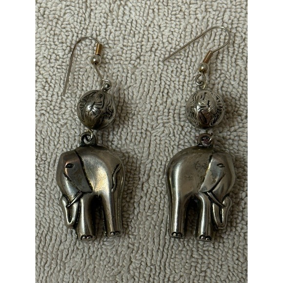 Silver Elephant Earrings Puffy Dangle‎ - Picture 2 of 4